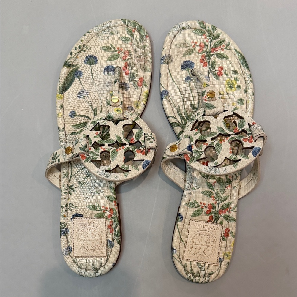 Tory Burch Botanical Print Sandals - Cream and Multicolor